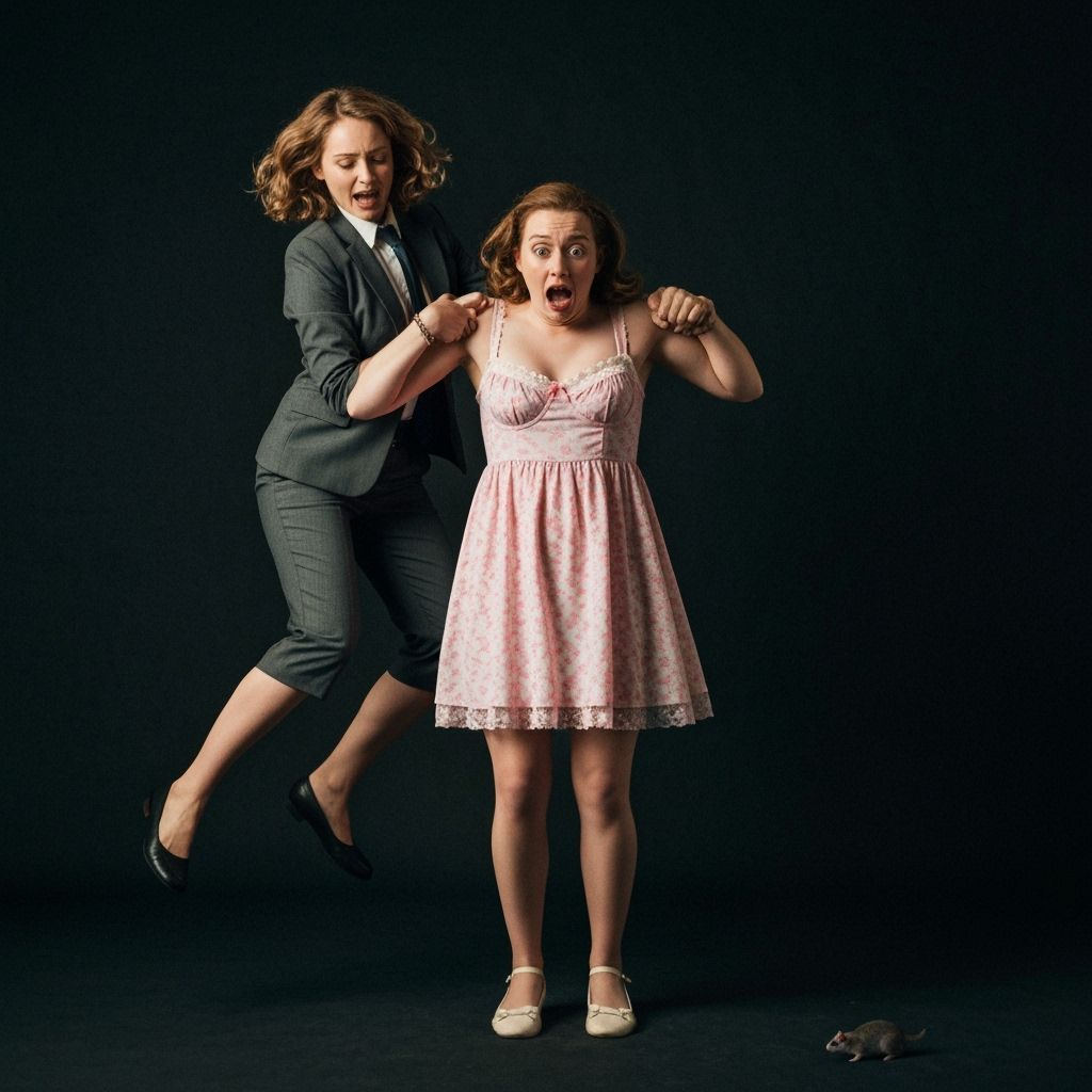Woman in Suit Jumps on Man in Dress, Startled by Mouse