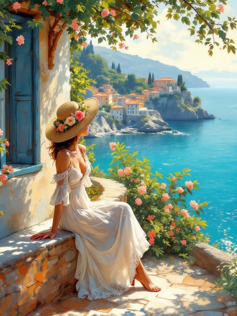 Impressionist Woman Gazing at Italian Sea View