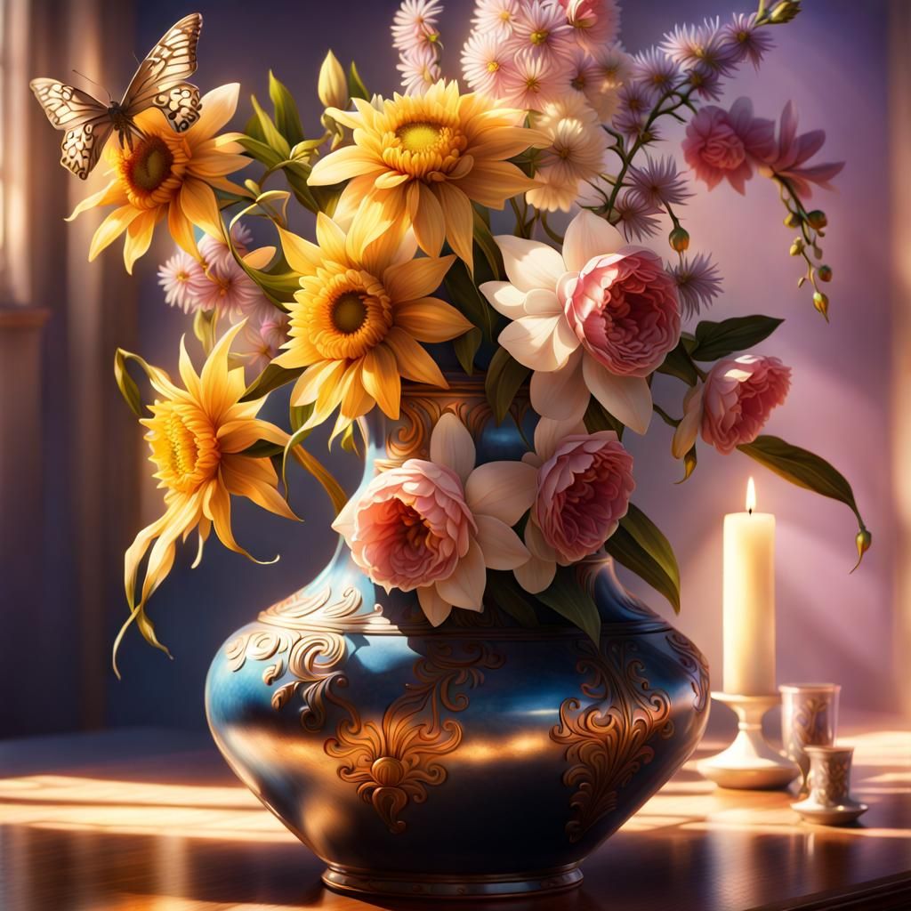 Floral Crete Vase with Blossoms and Candles