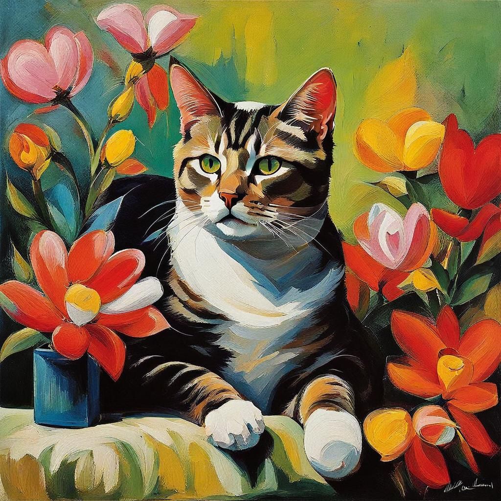 Abstract Cat on Pillow in Expressionist Style