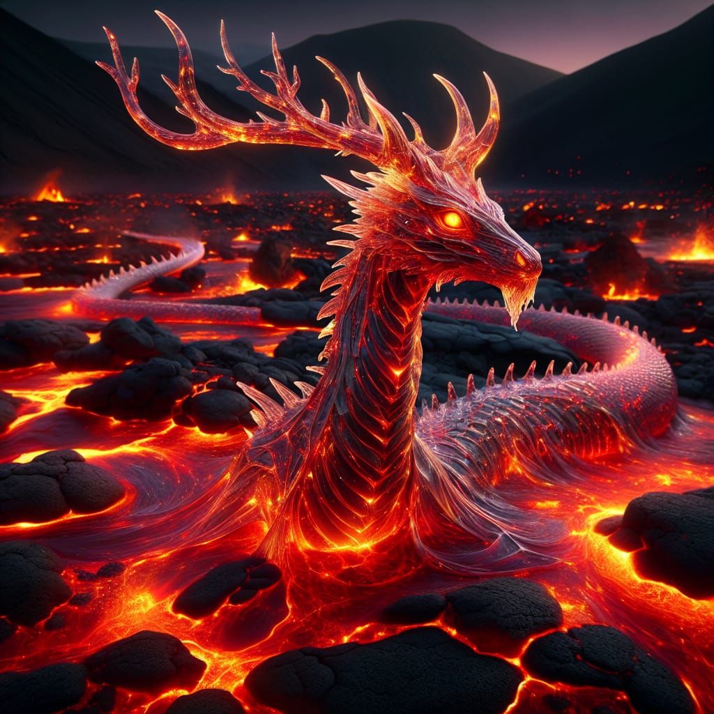 Lava Stag Serpent Portrait in Volcanic Landscape