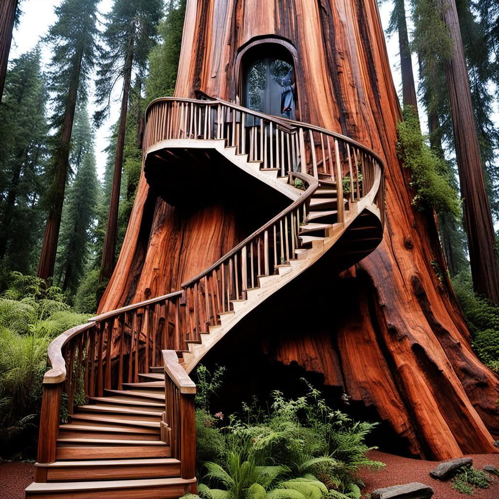 Children Ascend Redwood Homes Carved in Tree