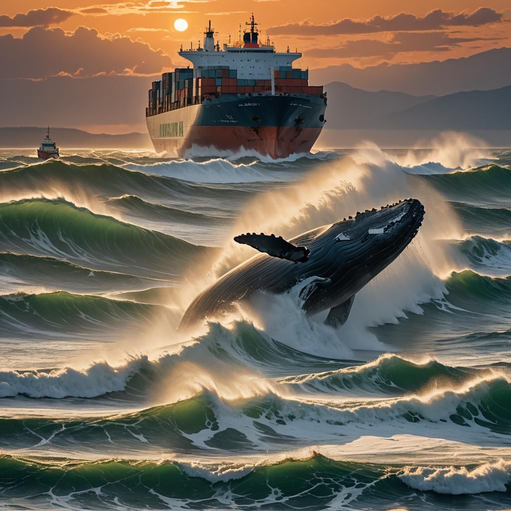 Whale Pod Beneath Container Ship at Sunset