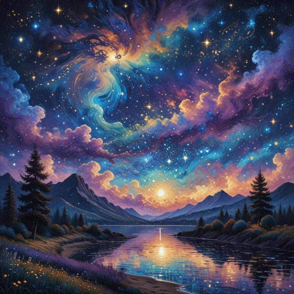 Celestial Tapestry in Whimsical Pointillist Style