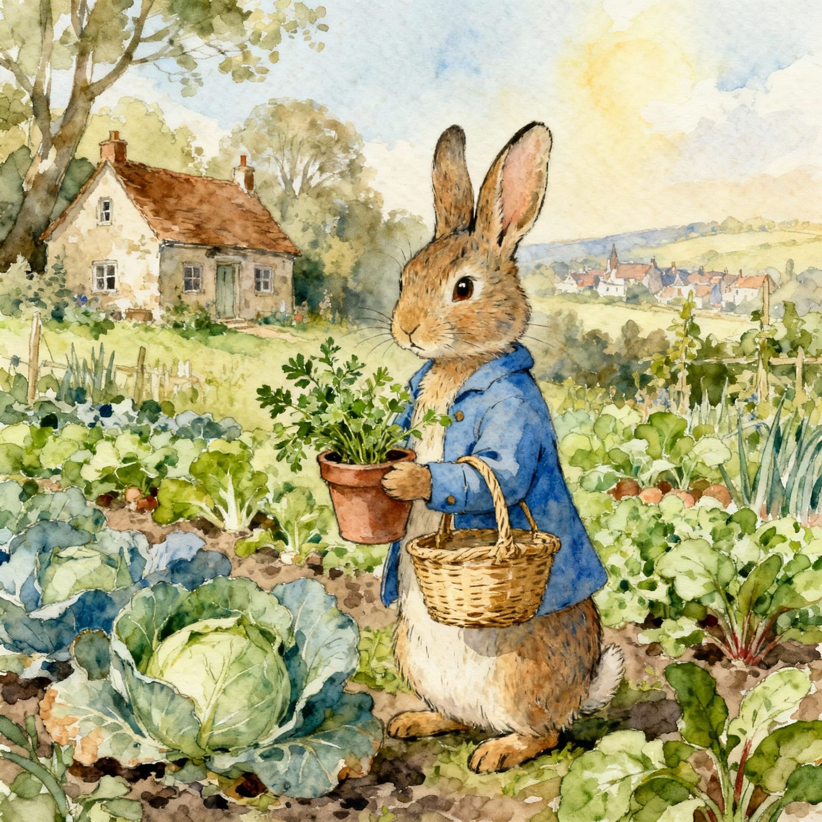 Peter Rabbit in Garden, Watercolor Children's Book Illustrat...