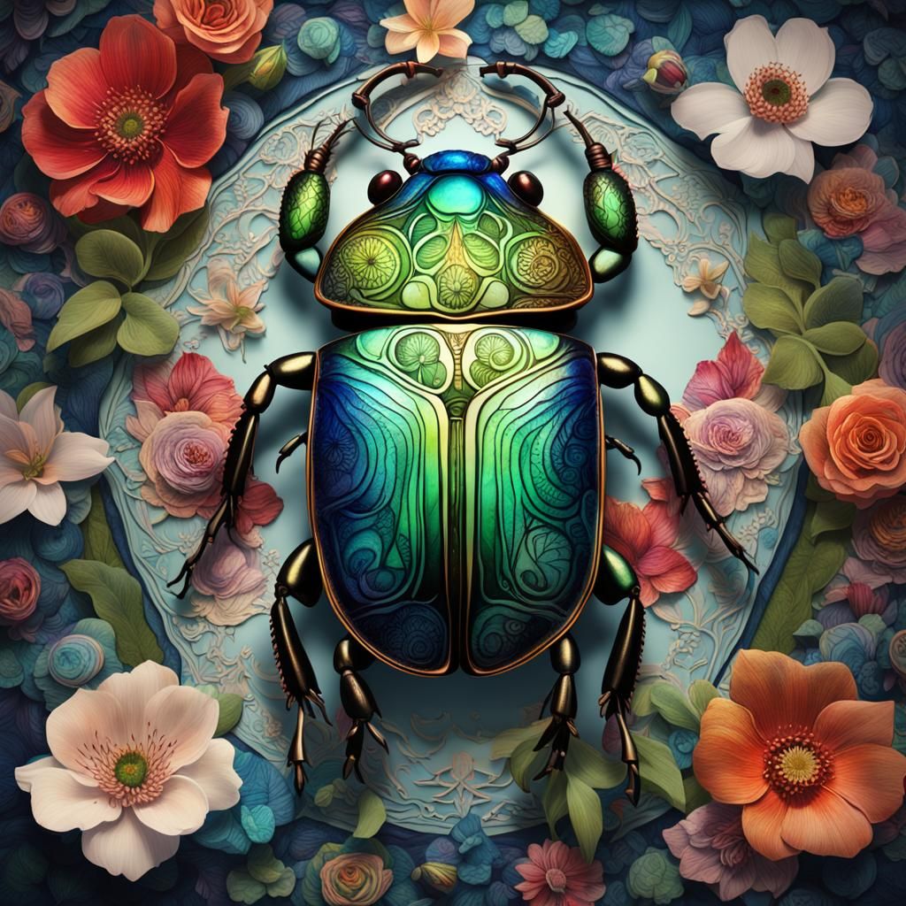 Fantastical Scarab Beetle with Anemones in Matte Painting
