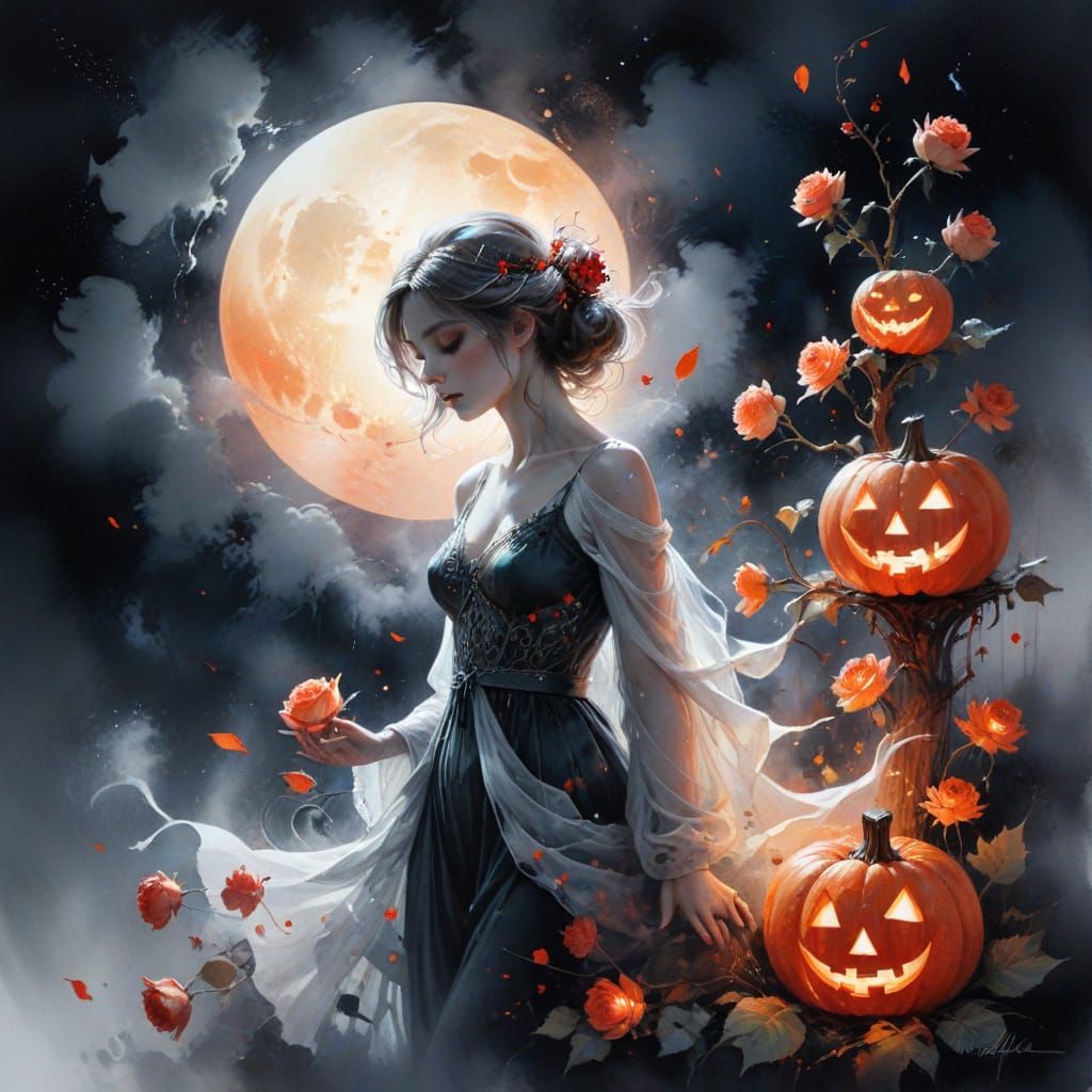 Ghostly Rose Under Halloween Moon