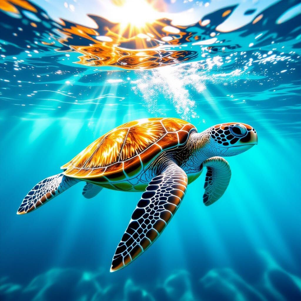 Transparent Glass Sea Turtle Swimming Deep Ocean