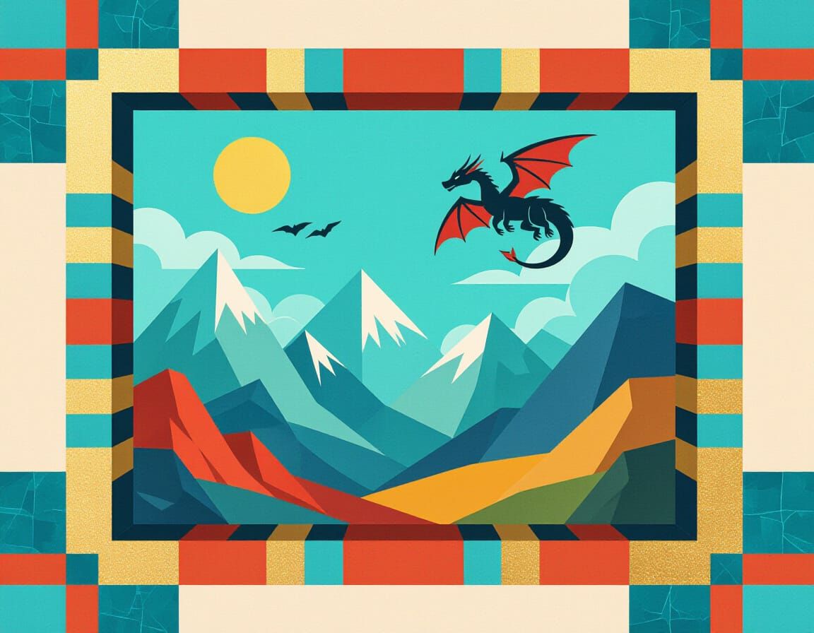 Geometric Window to Fantasy World with Dragons