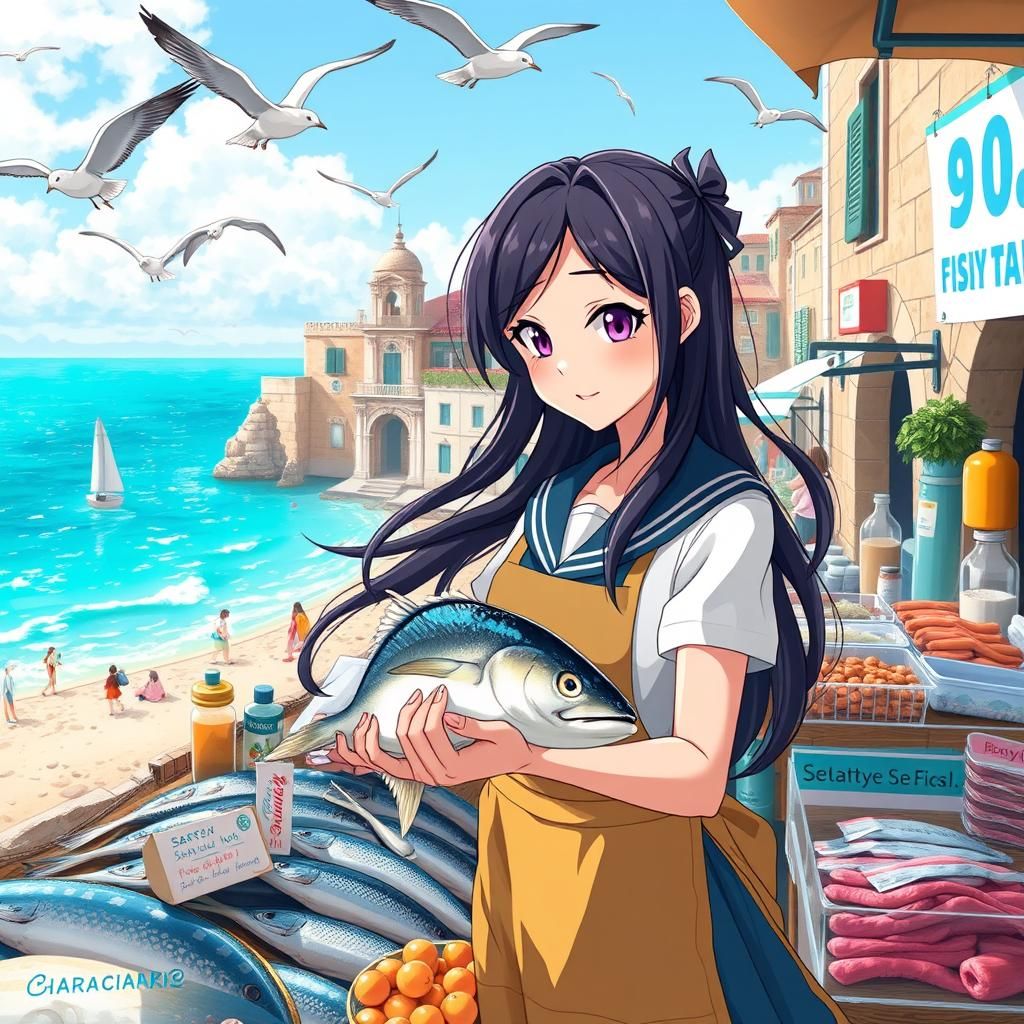 Anime Girl Checks Fish at Italian Market