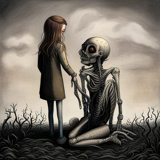 Surreal Horror Girl Working a Strange Machine