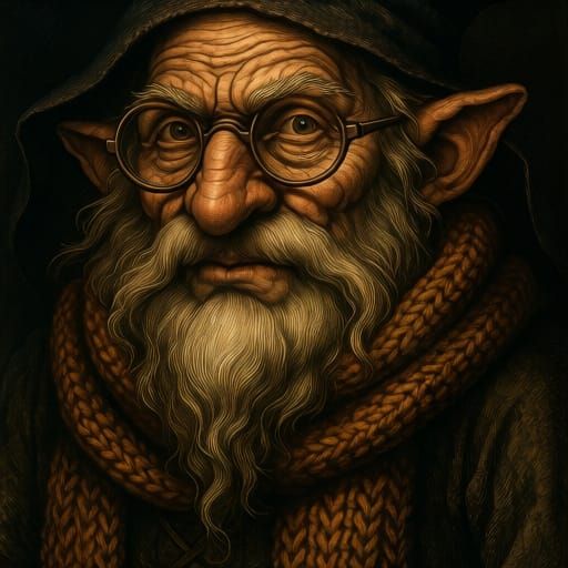Grizzled Gnome Sorcerer with Glasses and Scarf