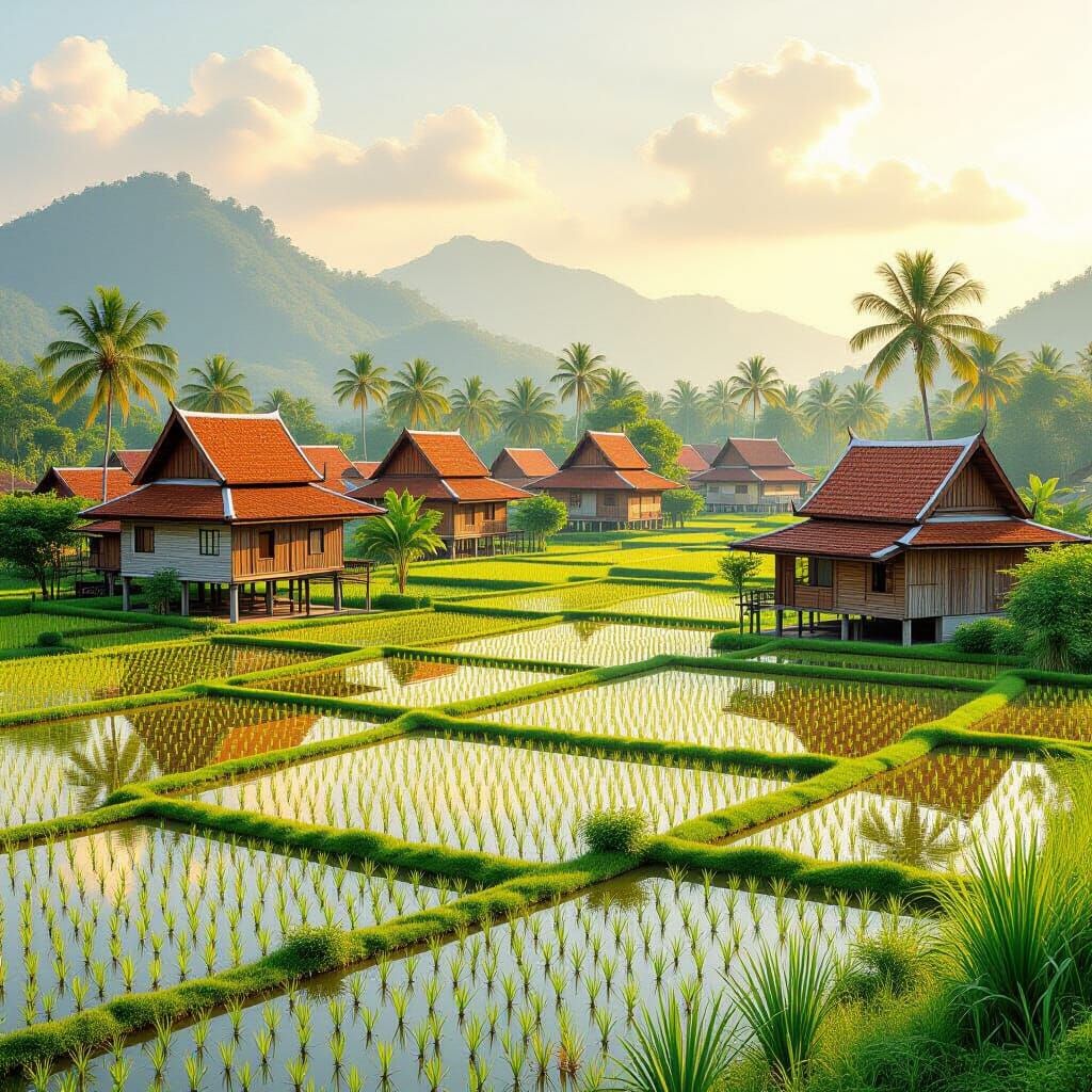 Thai Village in Rice Fields: Landscape Photography