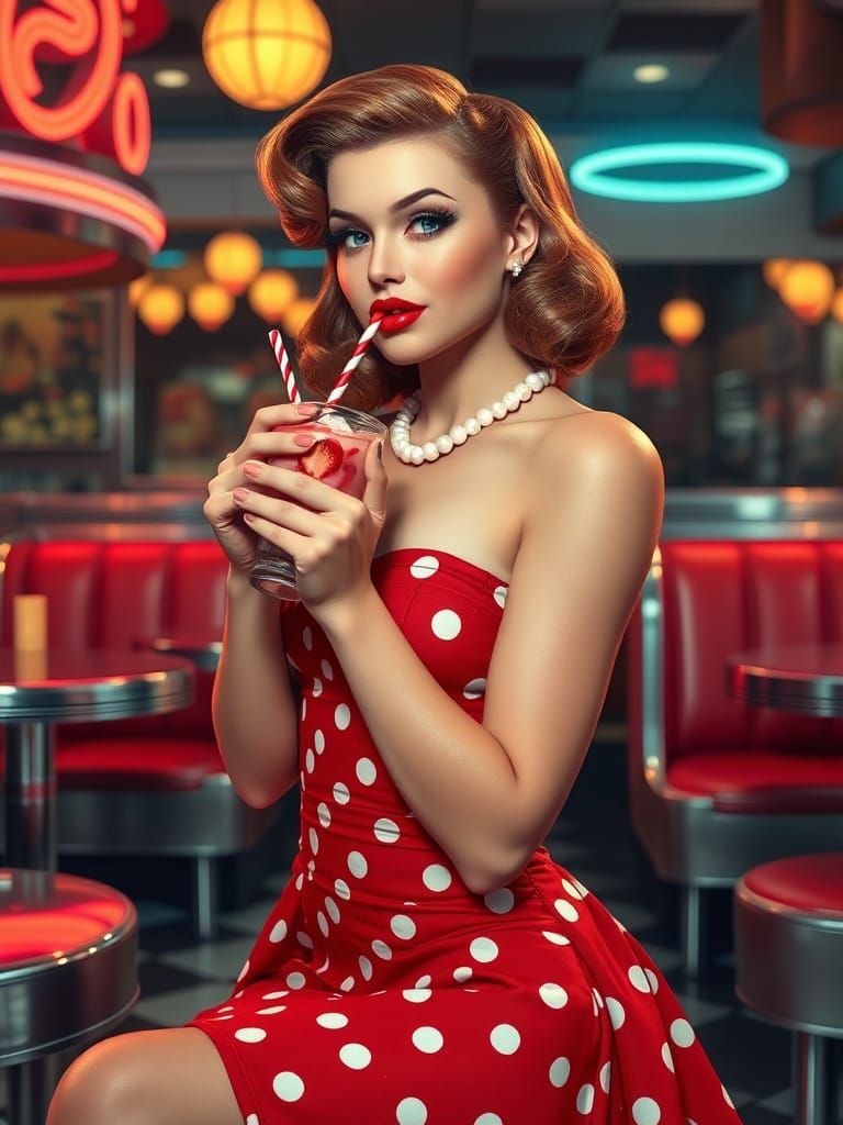 1950s Pinup Girl in Diner, Hyperrealistic Portrait