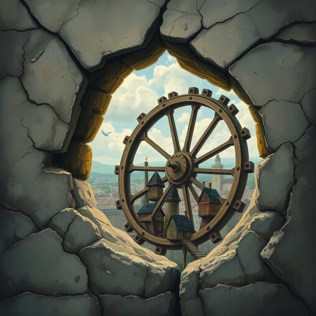 Surreal Houses Powered by Wheel Through Rock Crack