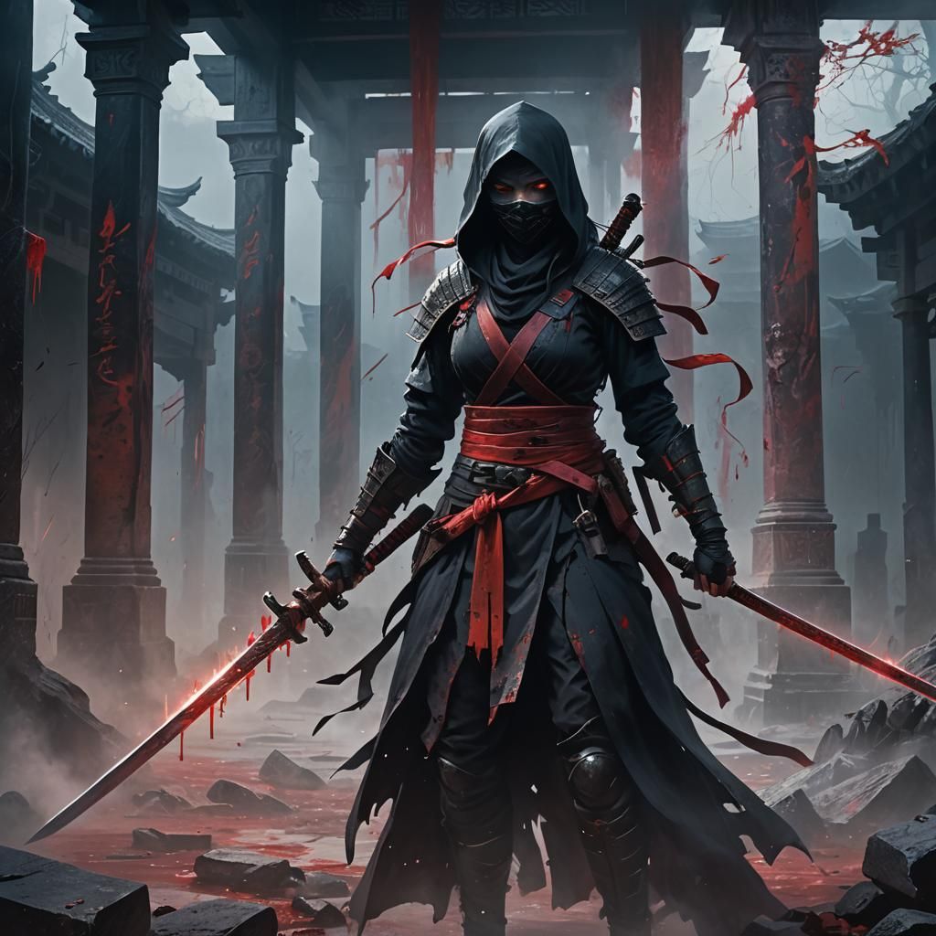 Bloodied Ninja in Ruined Temple: Dark Fantasy Art