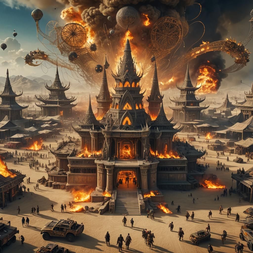 Burning Man Temple Under Attack: Epic Cinematic Scene
