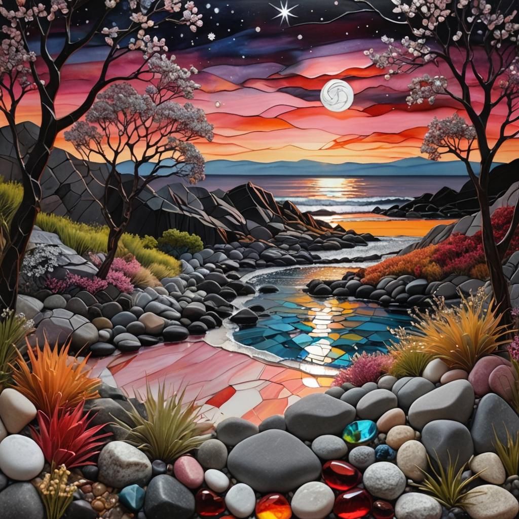 Sunset Beach Night Scene in Stained Glass Mosaic