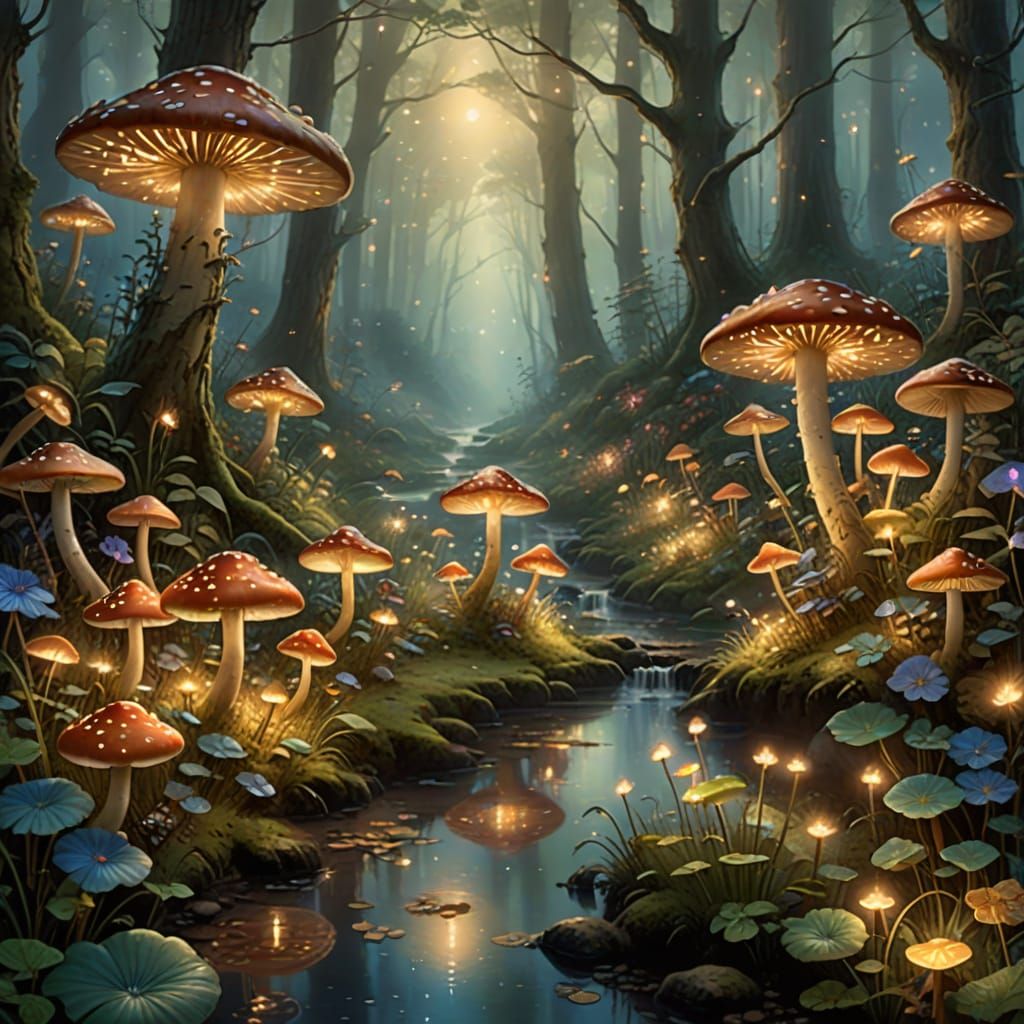 Ethereal Forest with Glowing Mushrooms in Kinkade Style