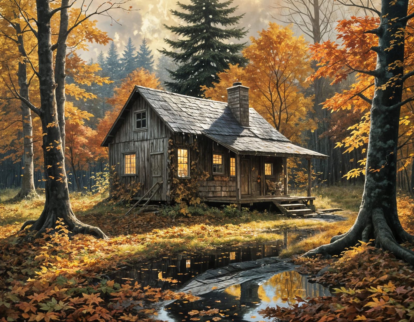 Shimmering Maple Syrup Shack in Autumn Oil Painting