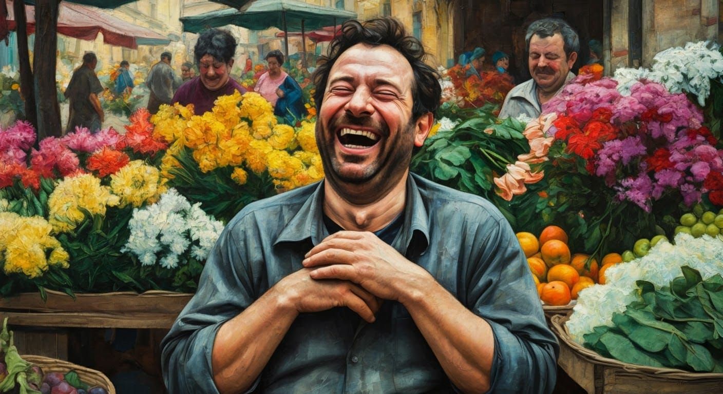 Joyful Man Laughing in Vibrant Market Scene