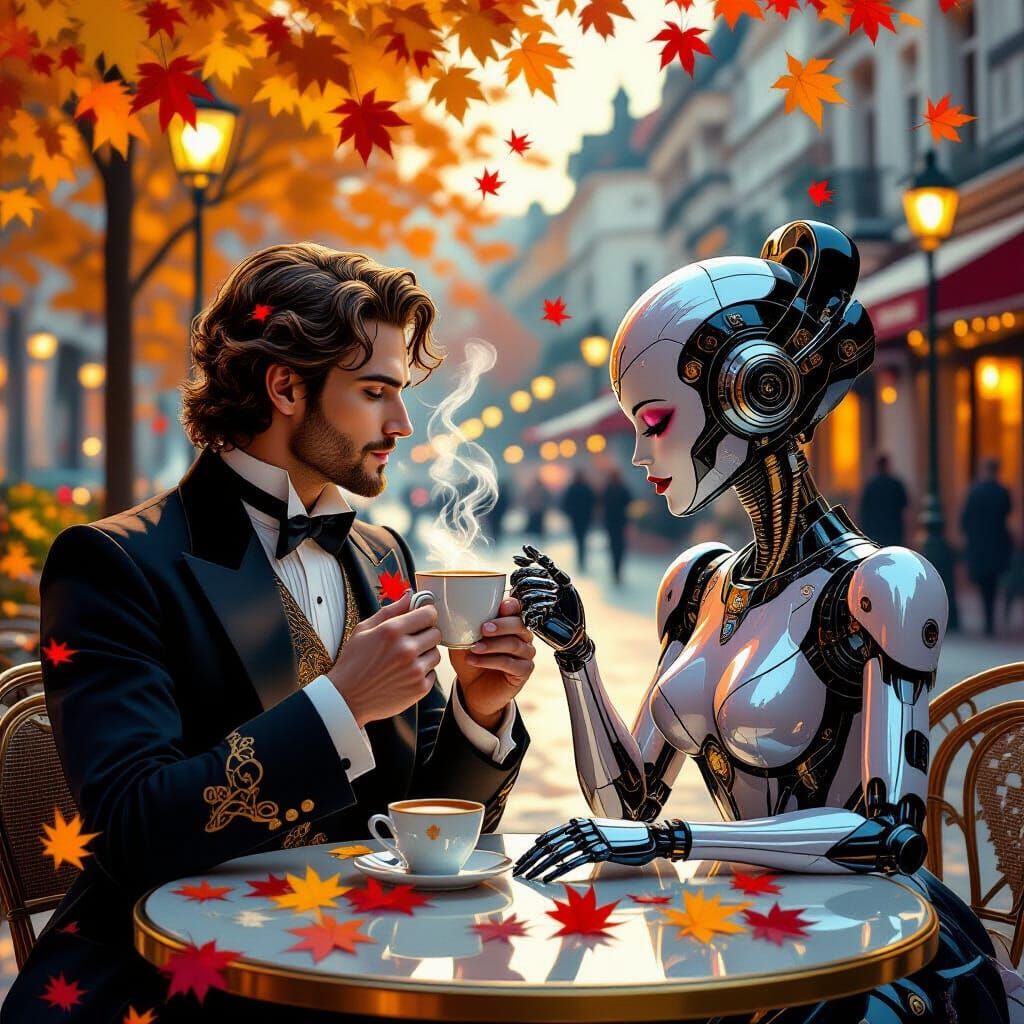 Coffee with a Robot in Autumn Art Nouveau Style