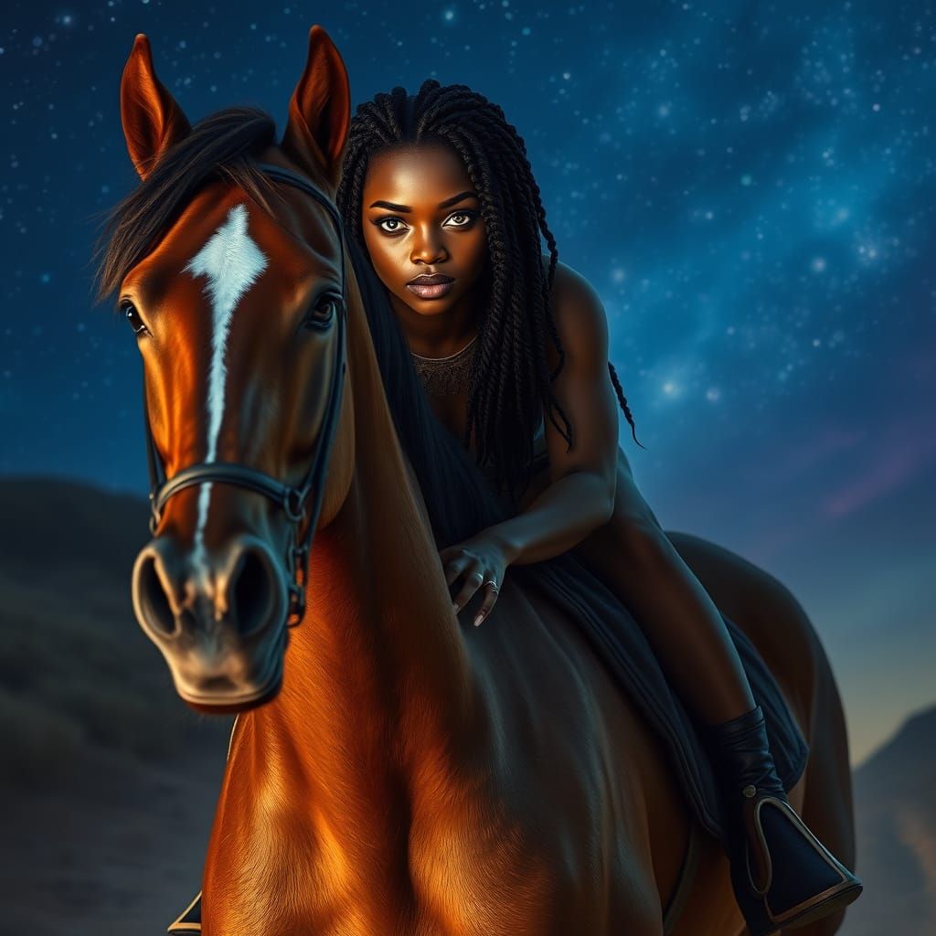 Regal Woman Riding Under Starry Night Sky
