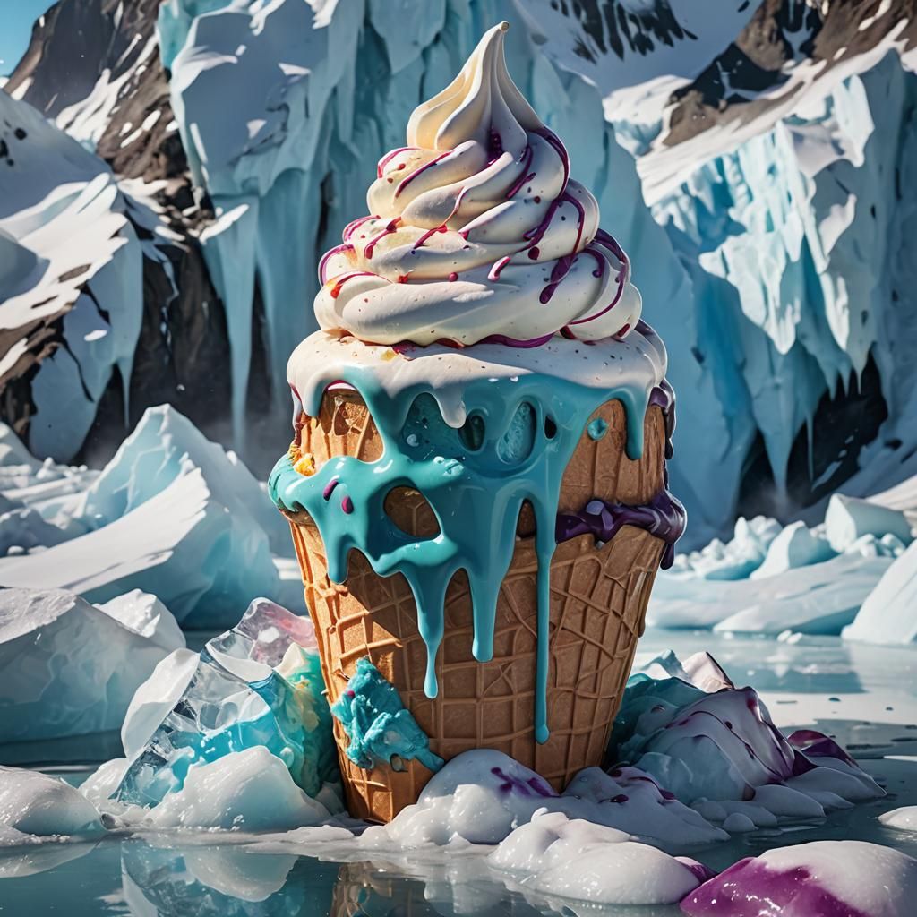 Melting Ice Cream Cone Glacier: Hyperrealistic Concept Art