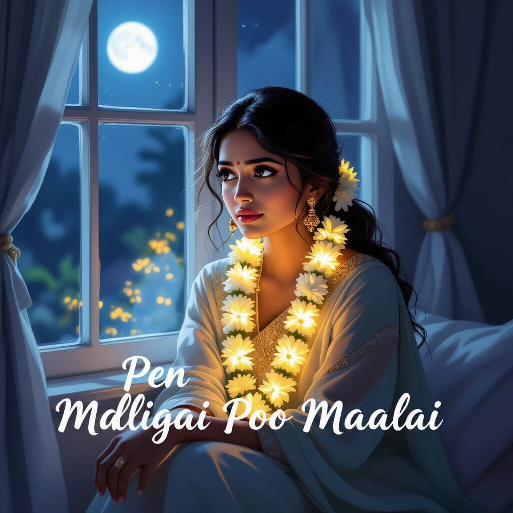 Poetic Digital Painting: Woman Sleepless by Moonlit Window