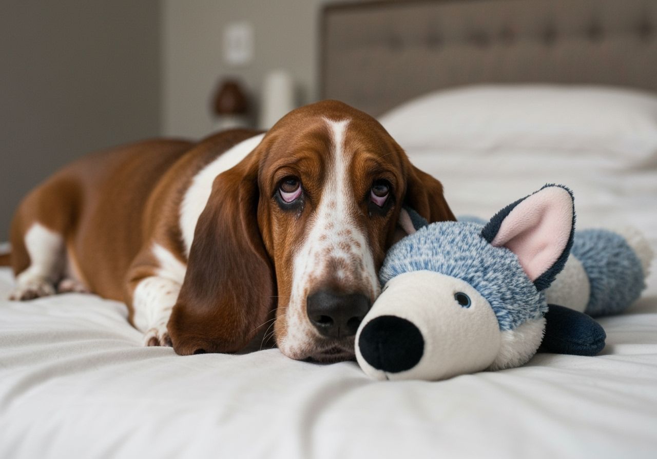 Basset Hound Rests Head on Fox Toy, Photorealistic