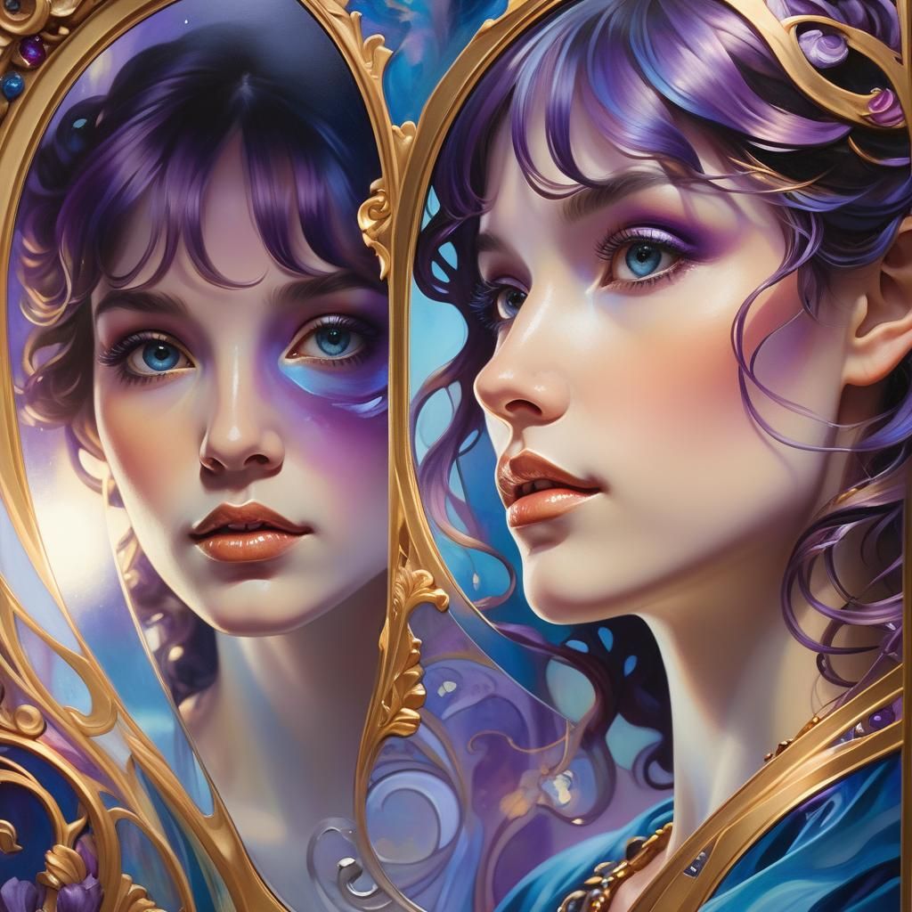 Surreal Faces Merge in Luminous Mirror Portrait