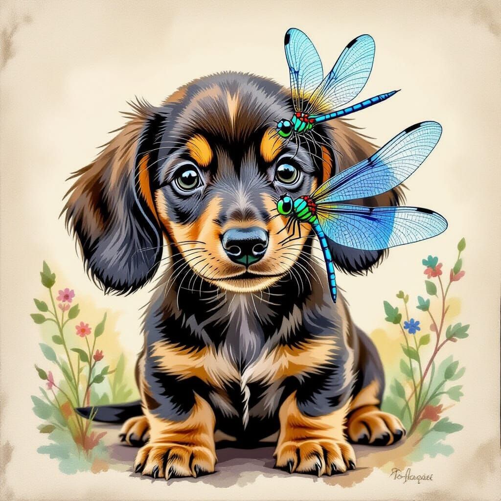 Dragonfly Lands on Dachshund Puppy Nose: Whimsical Art