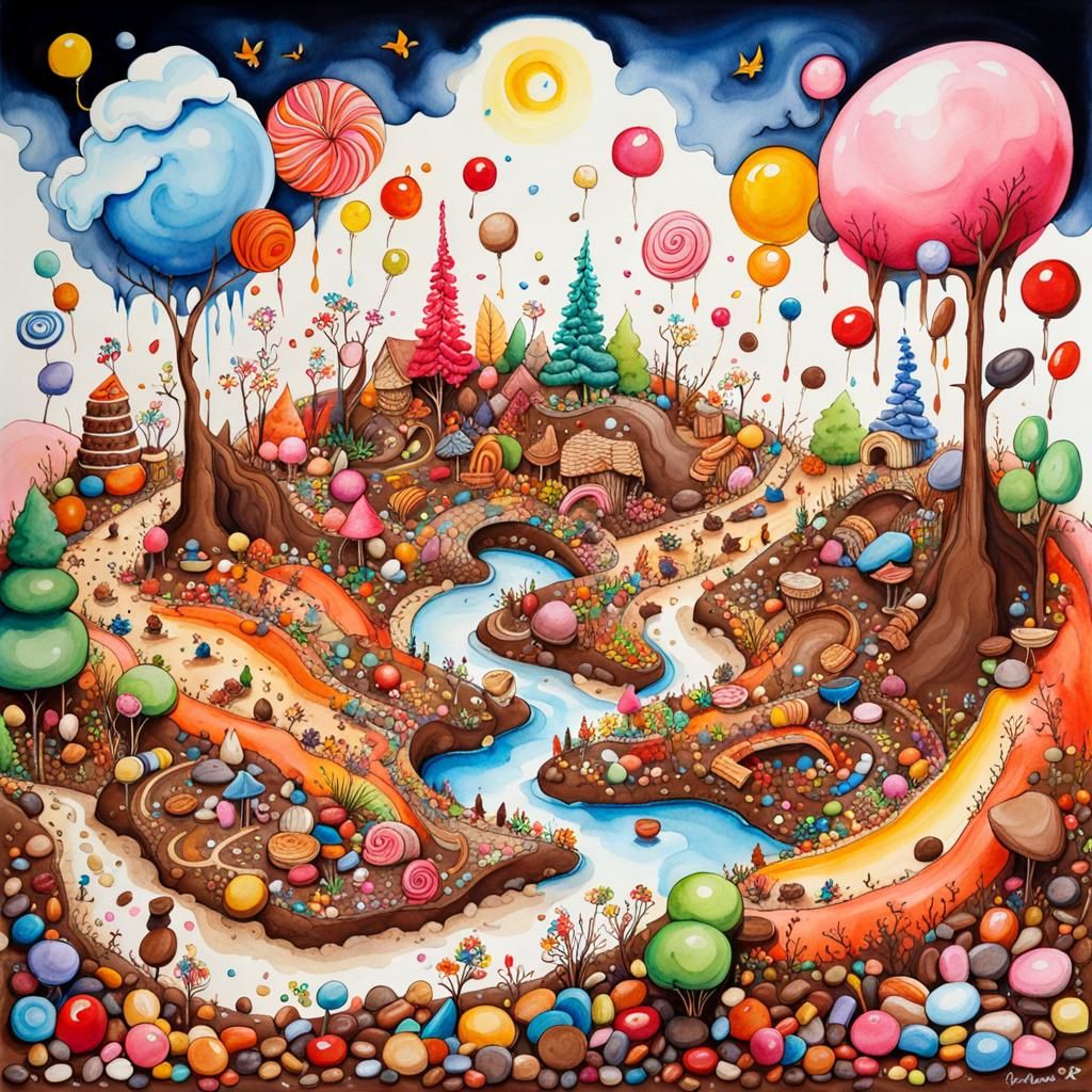Whimsical Edible Landscape Drawing in Watercolor and Ink