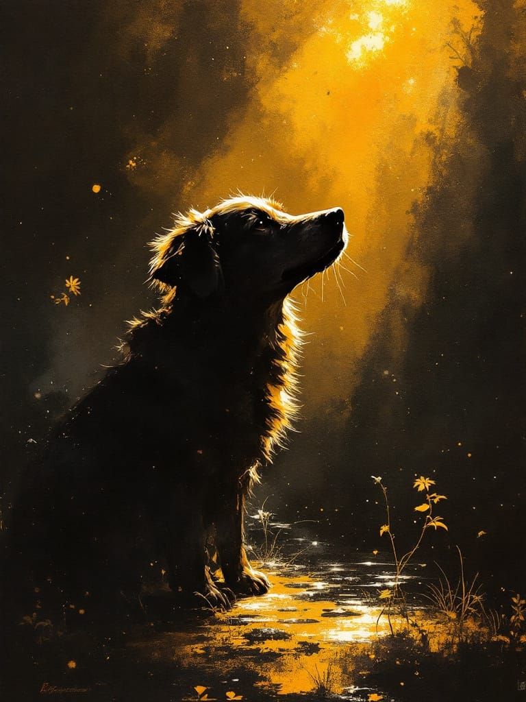 Dog in Amber Light, Chiaroscuro Ink Masterpiece
