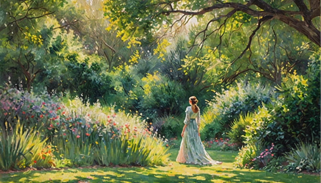 Impressionist Woman in Garden with Dappled Sunlight
