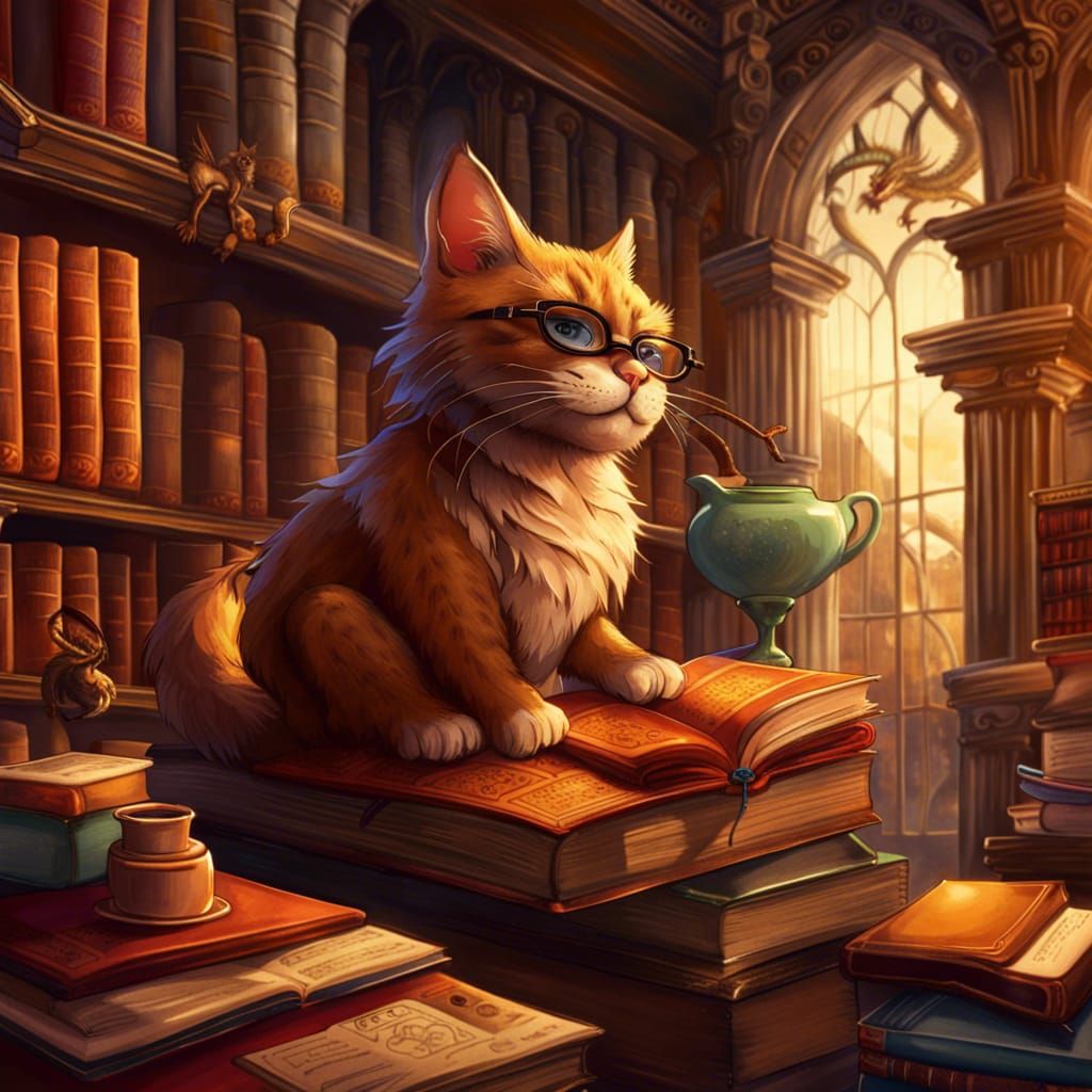 Enchanted Library: Cat, Griffin, and Dragon Reading