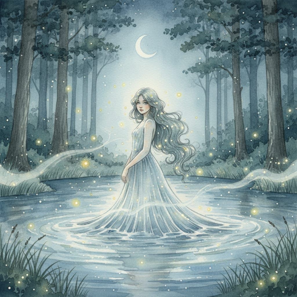 Mysterious Woman in Moonlit Forest Pond, Fairytale Watercolo...