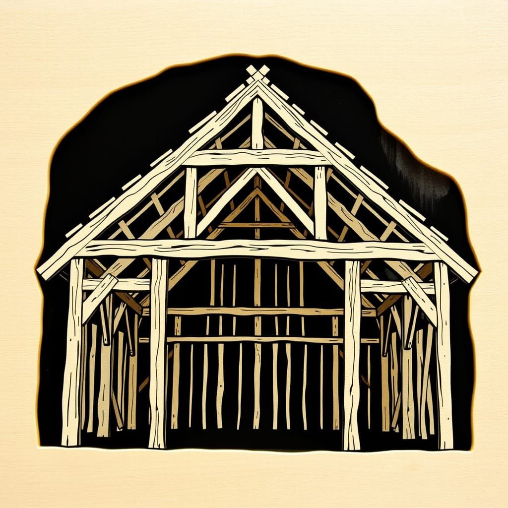 Timber Frame Barn in Woodcut Art