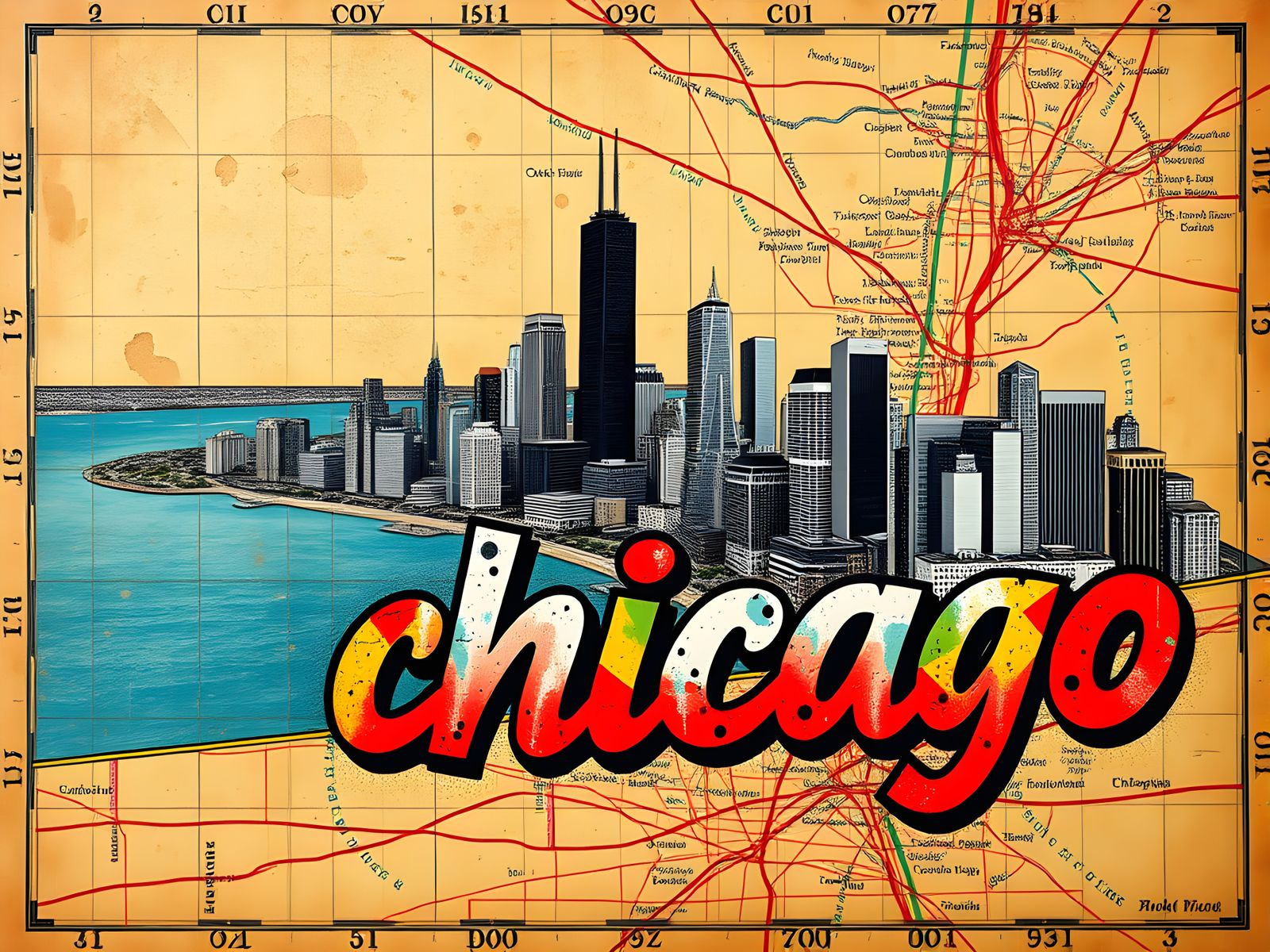 Chicago Skyline Mixed Media Art on Vintage Map