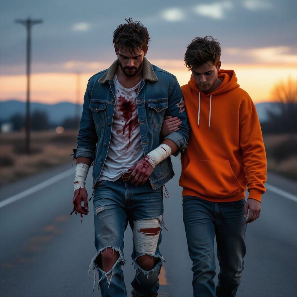 Wounded Man Supported by Friend on Desolate Road