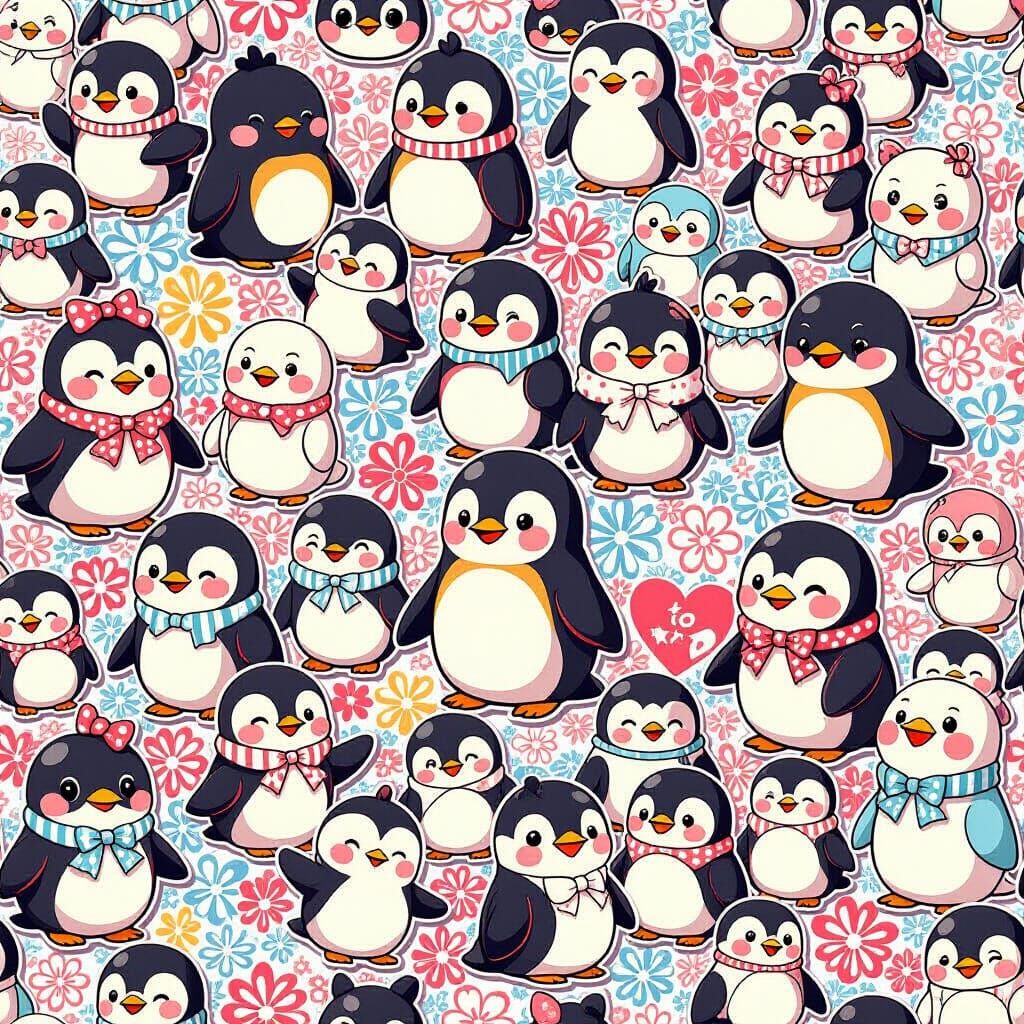 Vibrant Penguin Sticker Bomb Wall in Anime Style