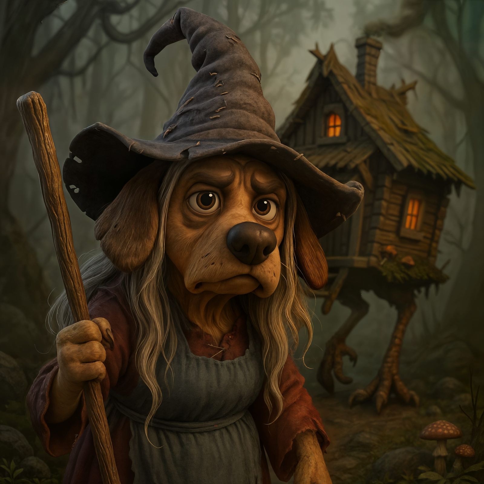 Detailed CGI Cartoon Dog Baba Yaga with Witch Hut