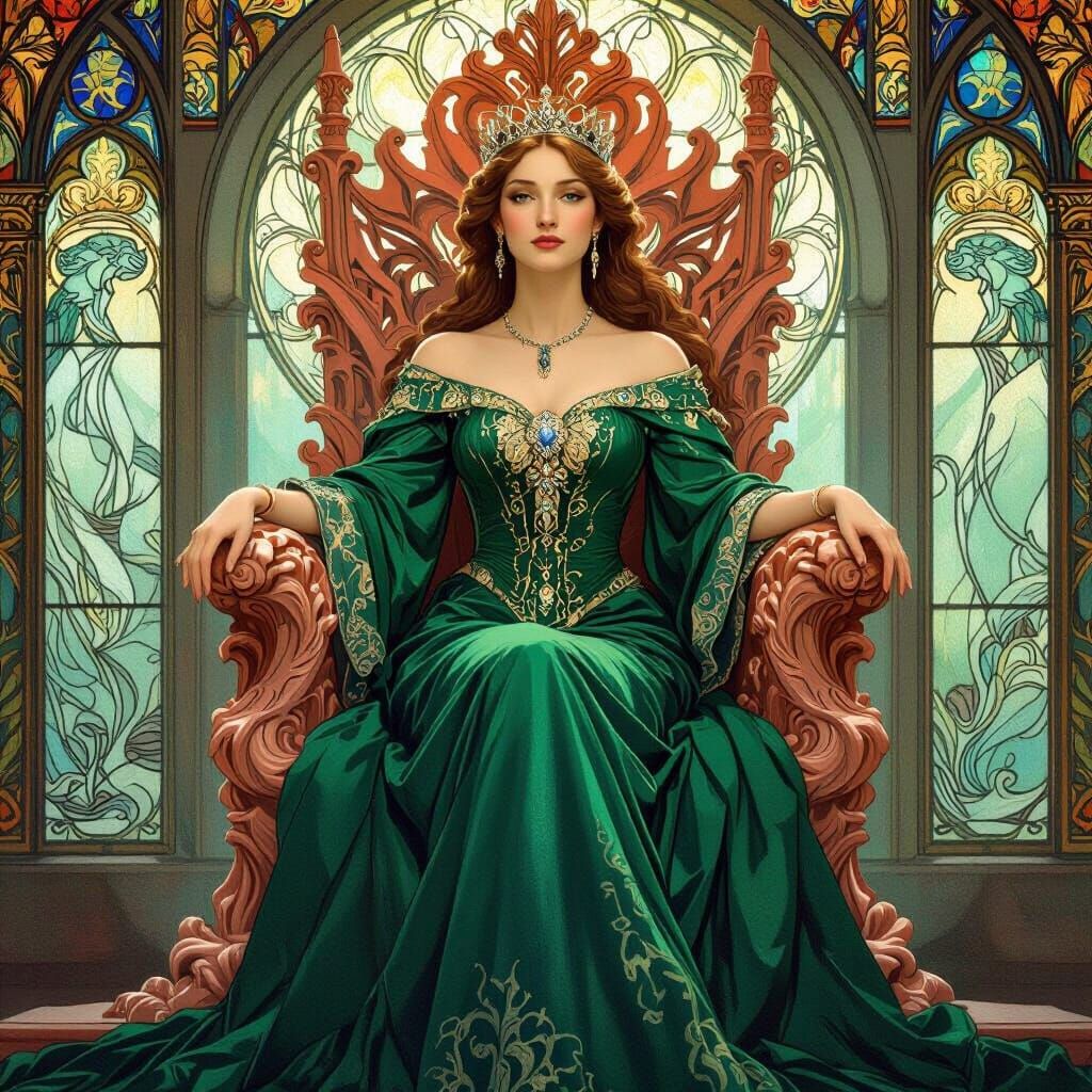 Renaissance Queen on Coral Throne in Art Nouveau Style