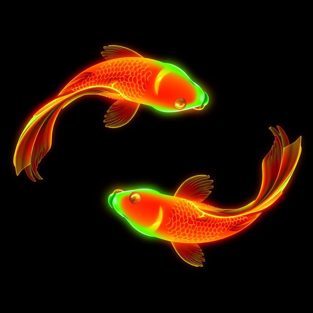 Neon Koi Fish in Yin-Yang Formation with Glitch Effects