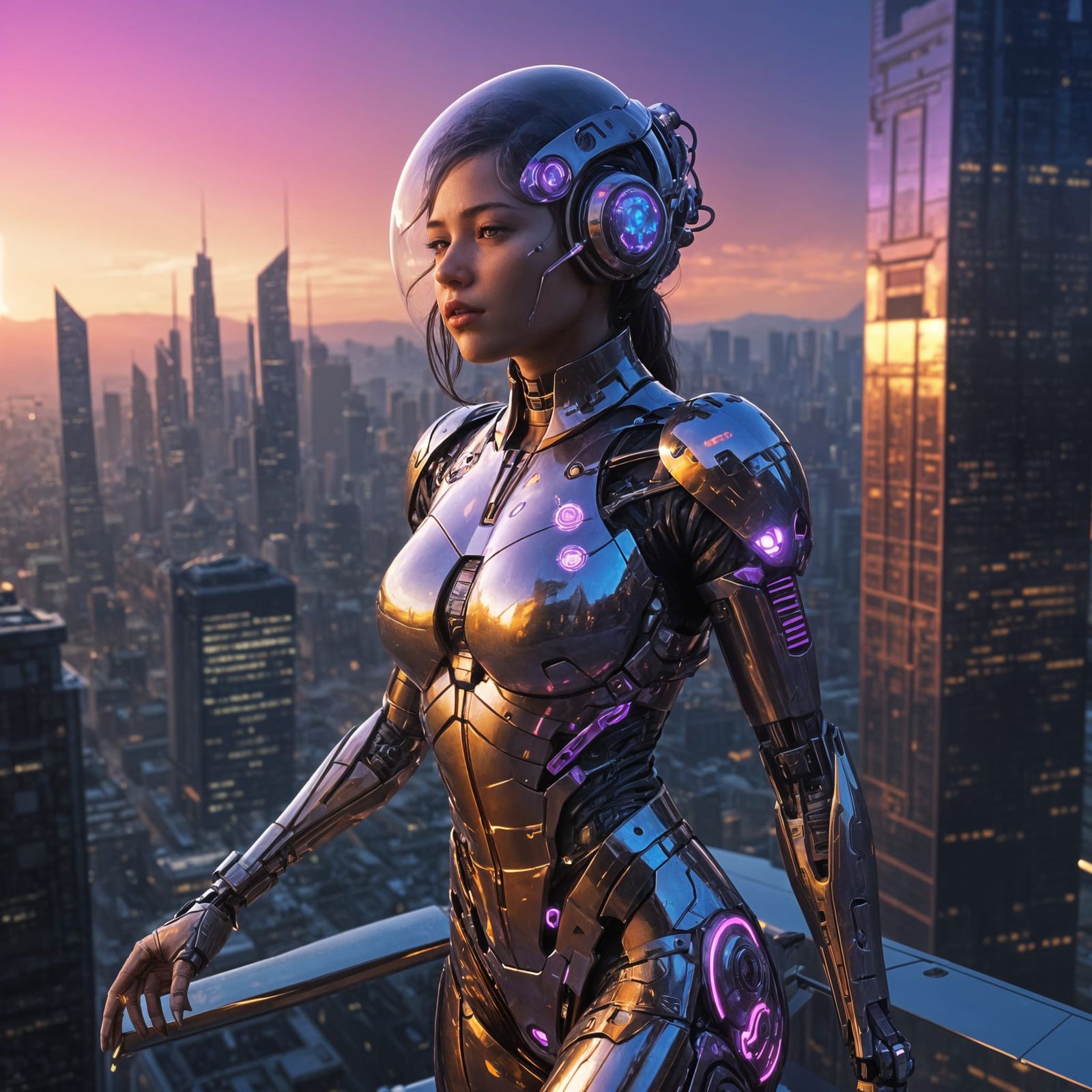 Cyborg Goddess Descends upon Futuristic Metropolis