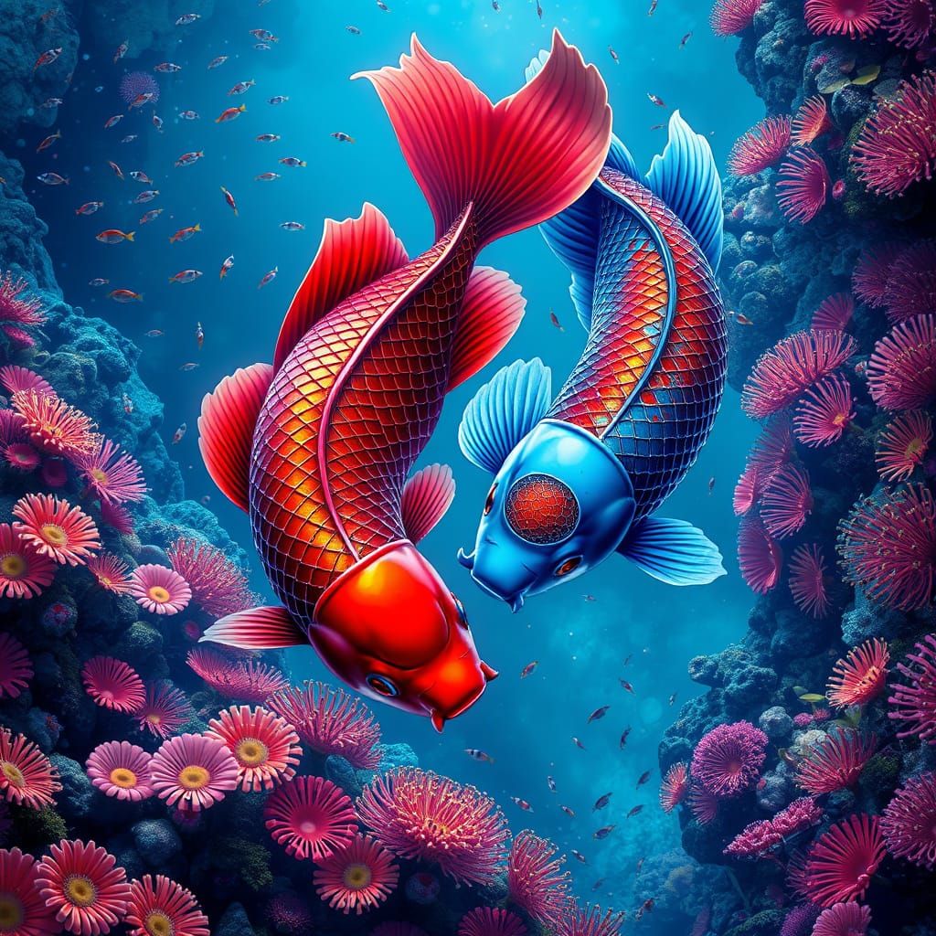 Vibrant Koi in a Tropical Coral Reef, in a Whimsical Digital...