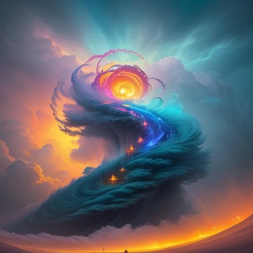 Colorful Tornado Sweeping Fantasy Landscape, Whimsical Art