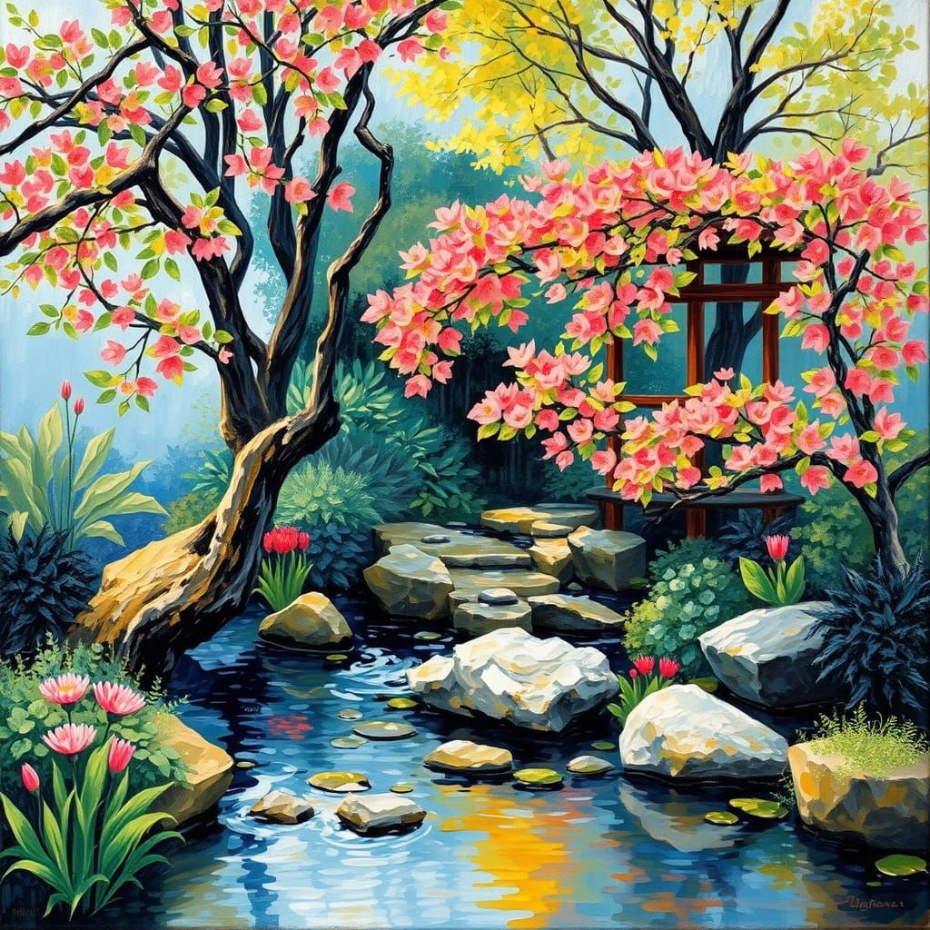Vibrant Japanese Garden in Spring, Neo-Impressionist Style