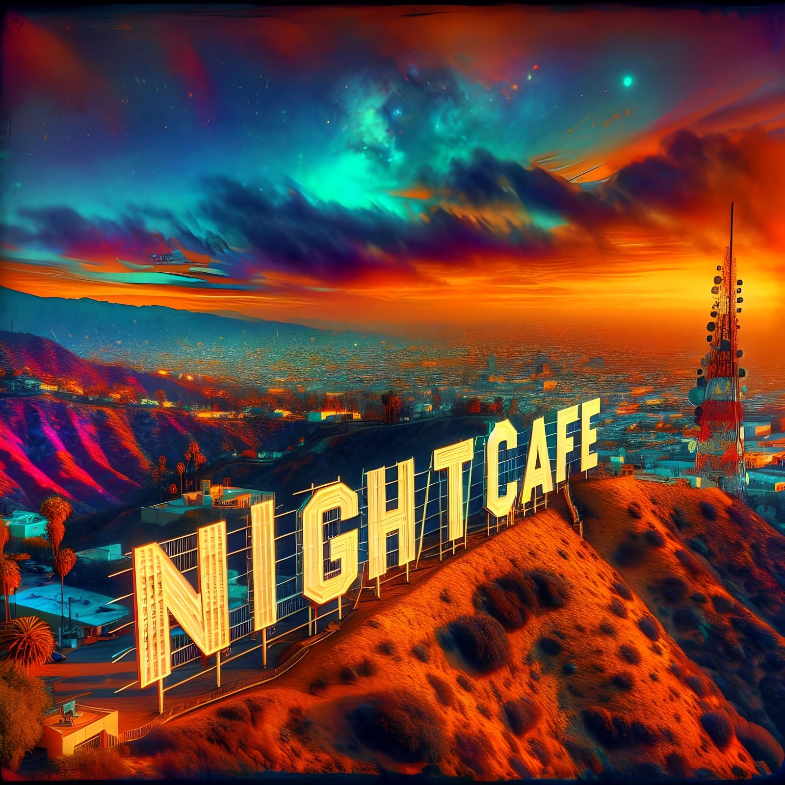 Hyper-Realistic NIGHTCAFE Sign on Hill in Cinematic Style