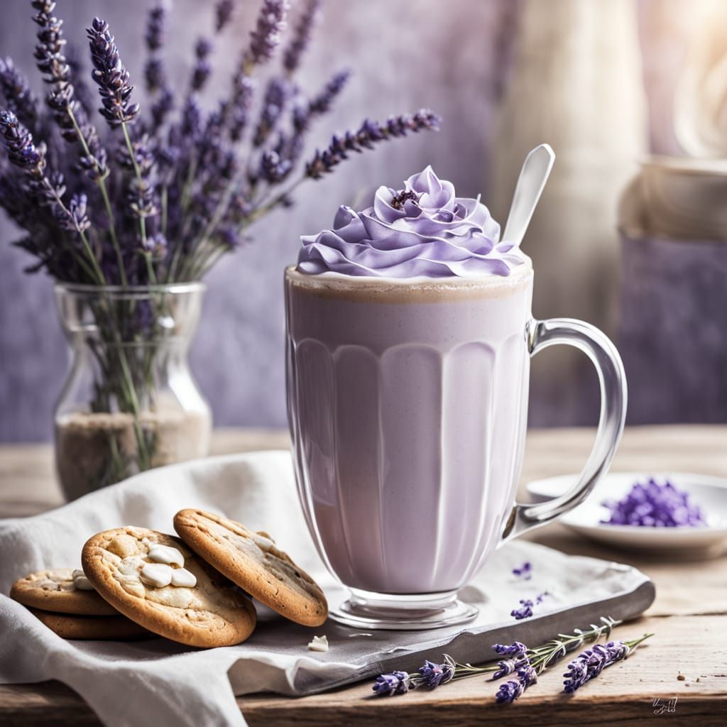 Gouache Painting of a Lavender Latte with Cookies
